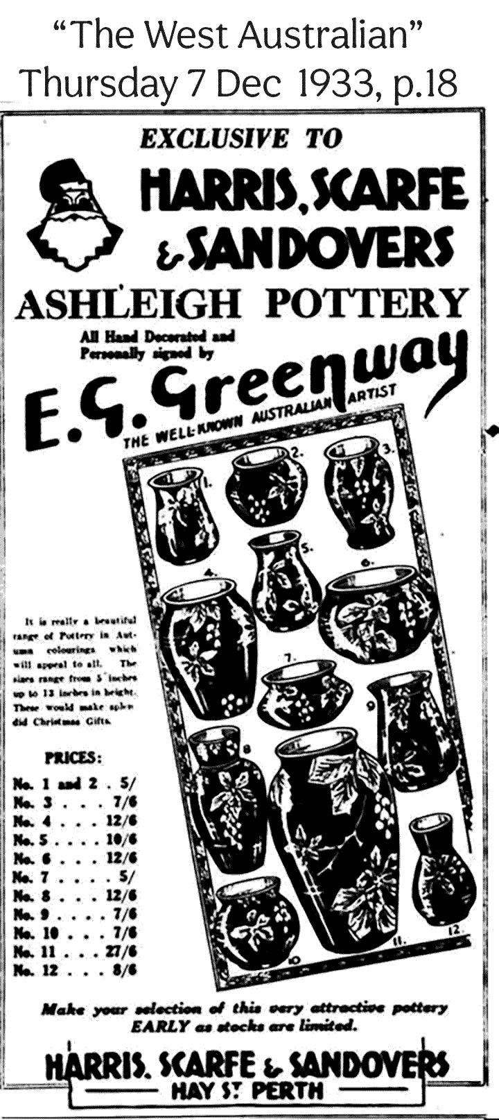 E.G. Greenway, Australian Pottery for sale in W.A., advert 1933