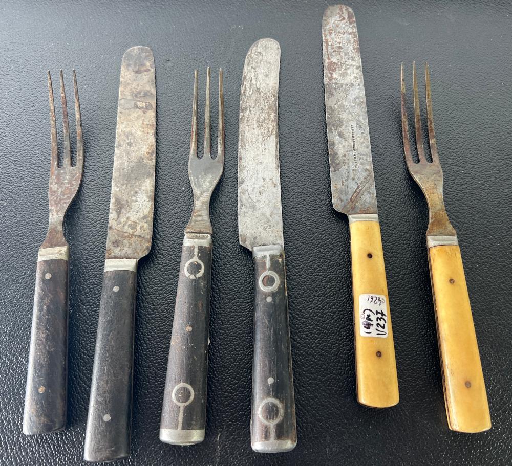 American Civil War Interest: Steel Flatware by Lamson & Goodnow: three knife-fork sets, with bone & ebony handles, earlier 19th c.