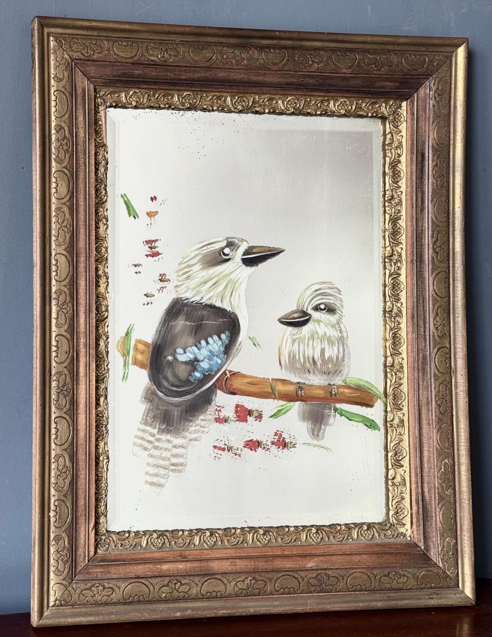 Edwardian gilt-framed bevelled mirror, painted with kookaburras on a branch, circa 1910