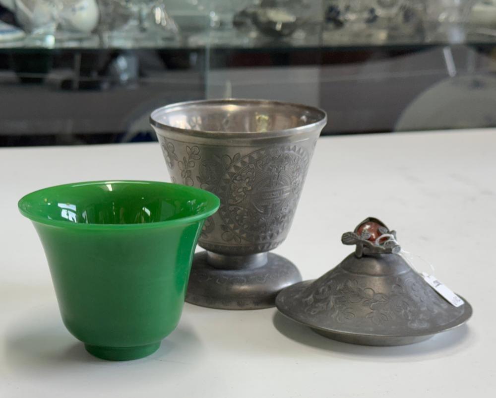 Chinese Pewter cup with green 'Jade' glass liner, Qing Dynasty, late 19th century