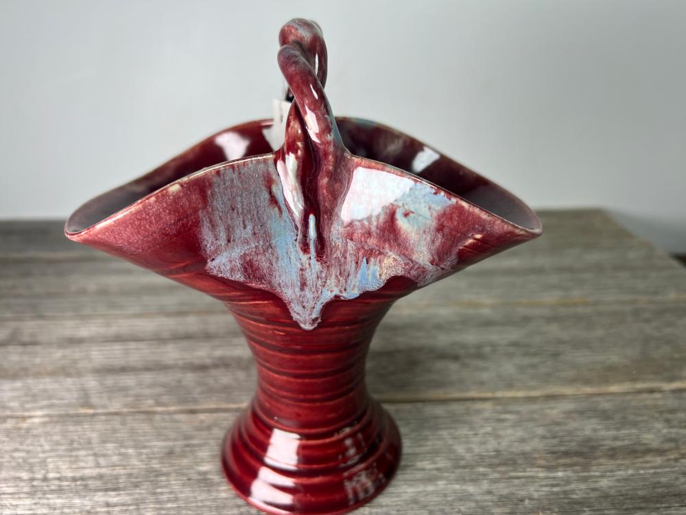 Remued red and blue glazed pottery basket, unmarked, circa 1930s