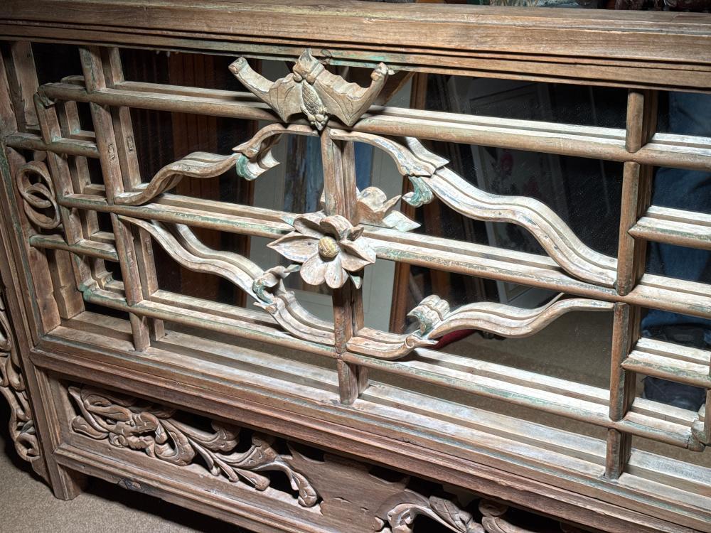 Chinese carved hardwood mirror, foliage fretwork with auspicious bat motif, Qing Dynasty, 19th century