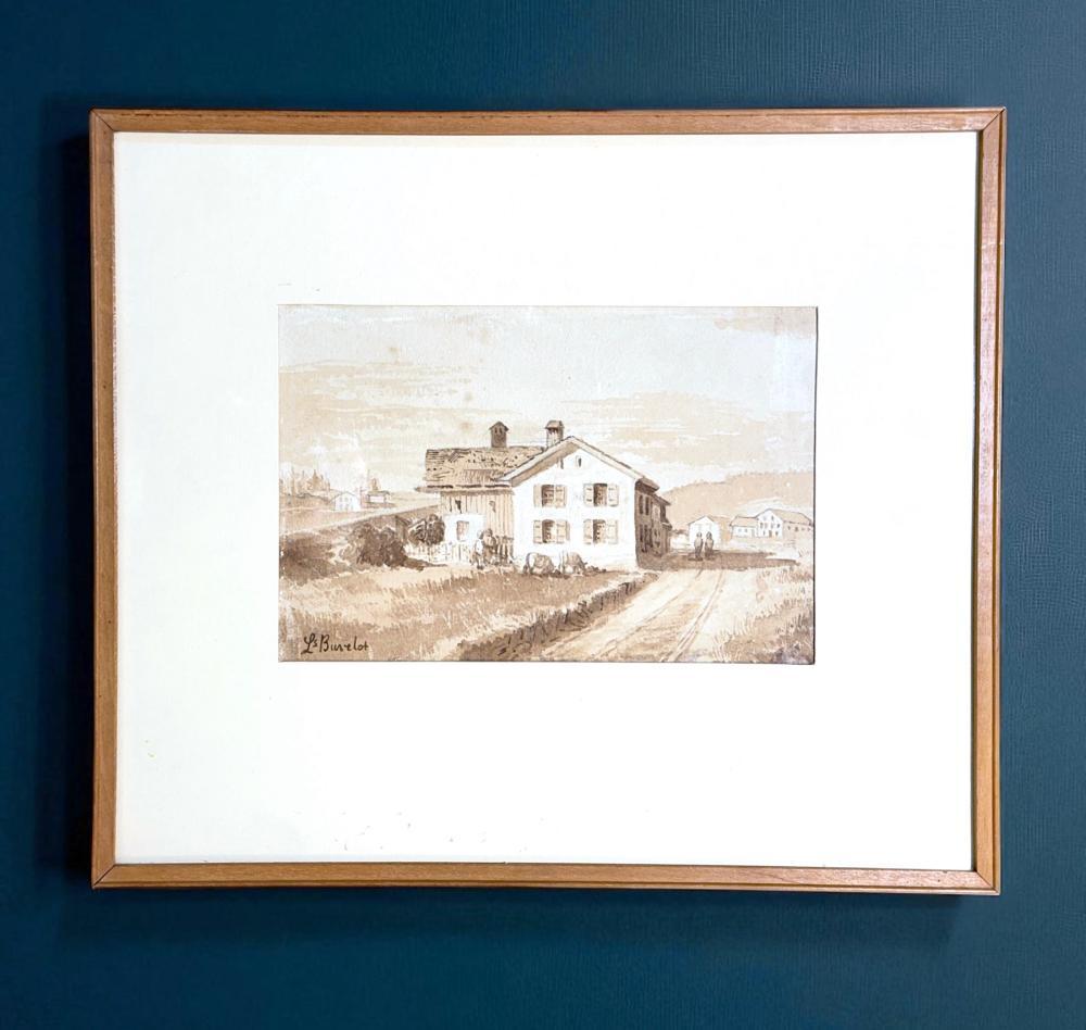 Louis Buvelot (1814–1888) Swiss Rural Scene with Farmhouses, monochrome watercolour, c. 1860