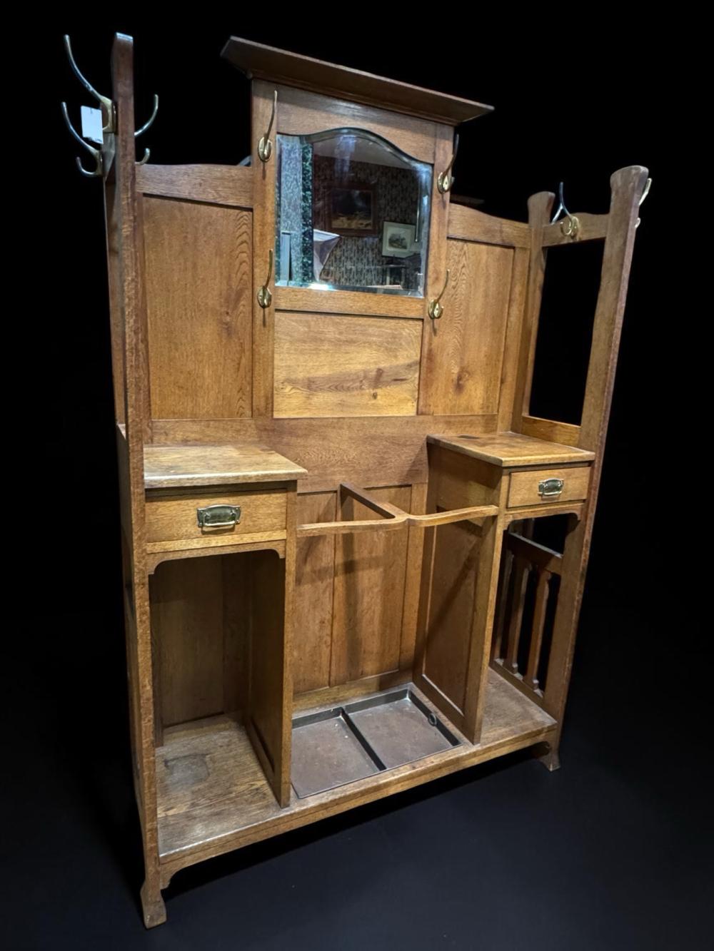 Large Arts & Crafts hallstand in light oak, c. 1905 NO RESERVE!