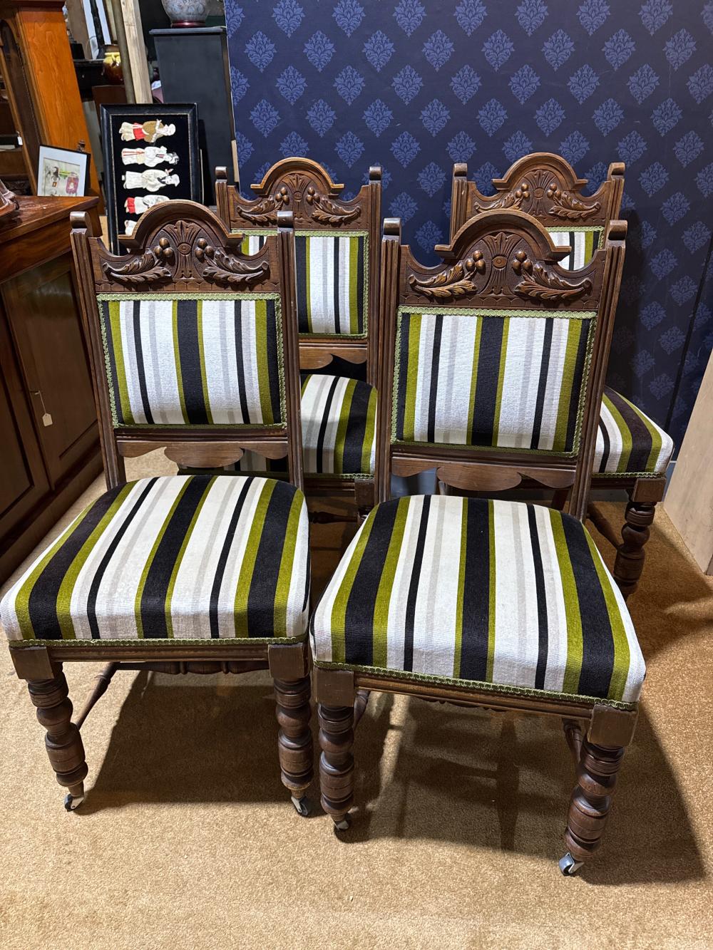 Set of 4 Edwardian Chairs, carved backs with striped fabric, c. 1910