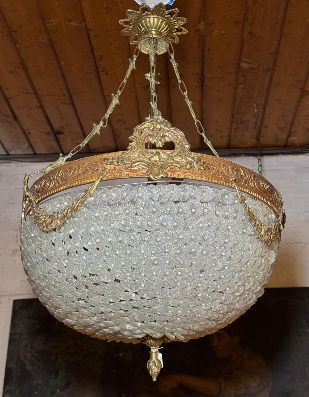 French-style gilt metal and moulded glass basket chandelier, large & impressive~!