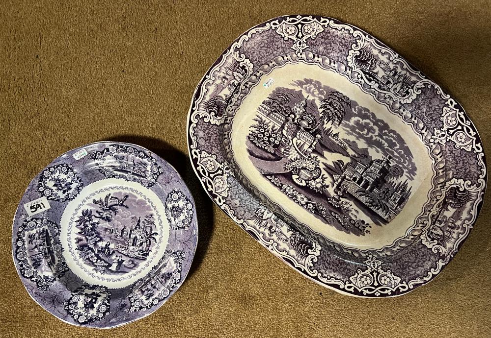 Two pieces Staffordshire purple transferware: 'Mexican' pattern meat platter and W. Adams & Sons 'Willow' pattern shallow bowl, circa 1845-1900