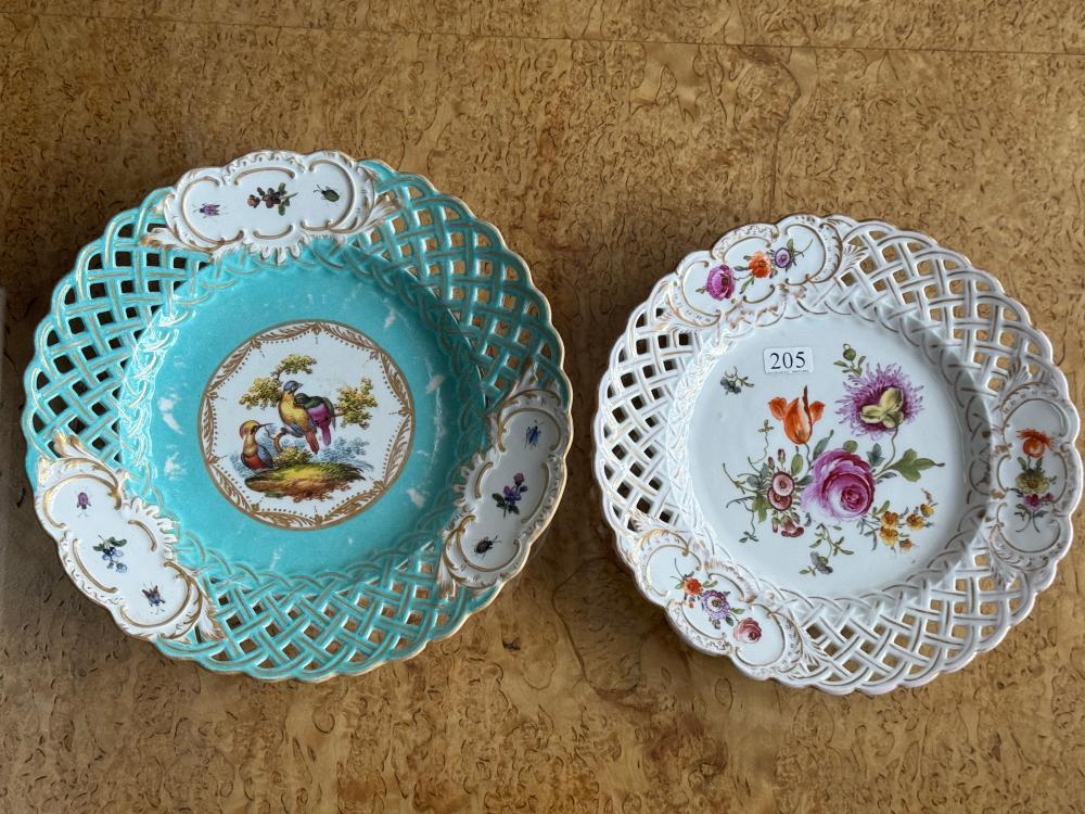 Pair of Meissen porcelain pierced basketweave plates, painted birds and flowers, circa 1900