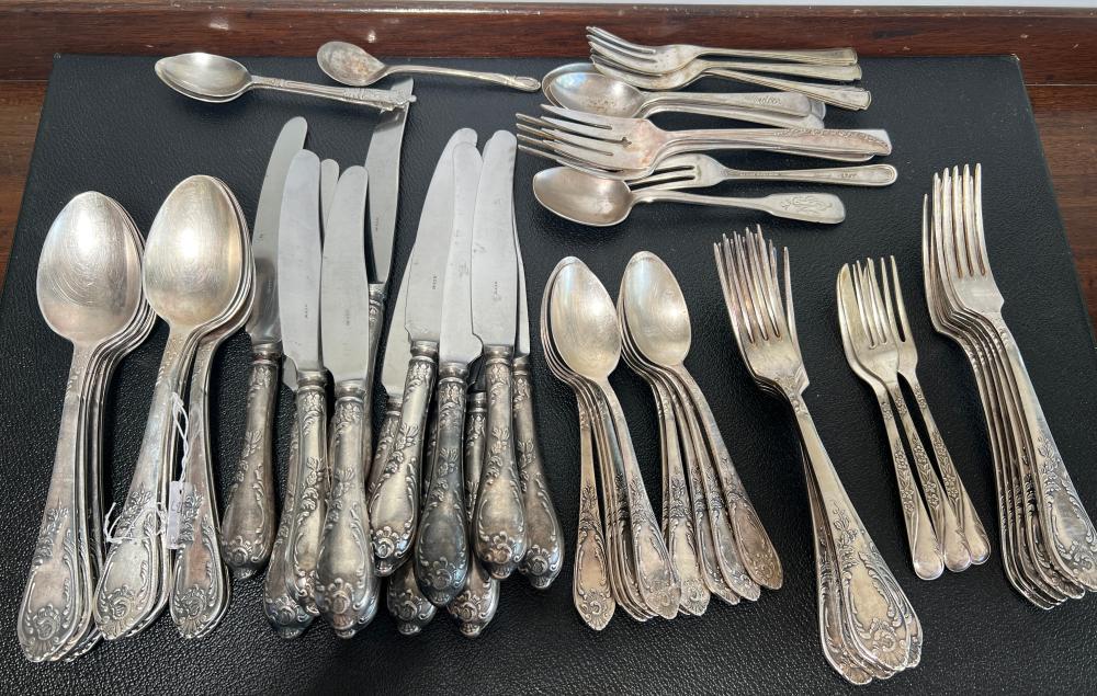 Large Ukrainian nickel silver flatware service, "МНЦ 15-20" standard, mid-20th century