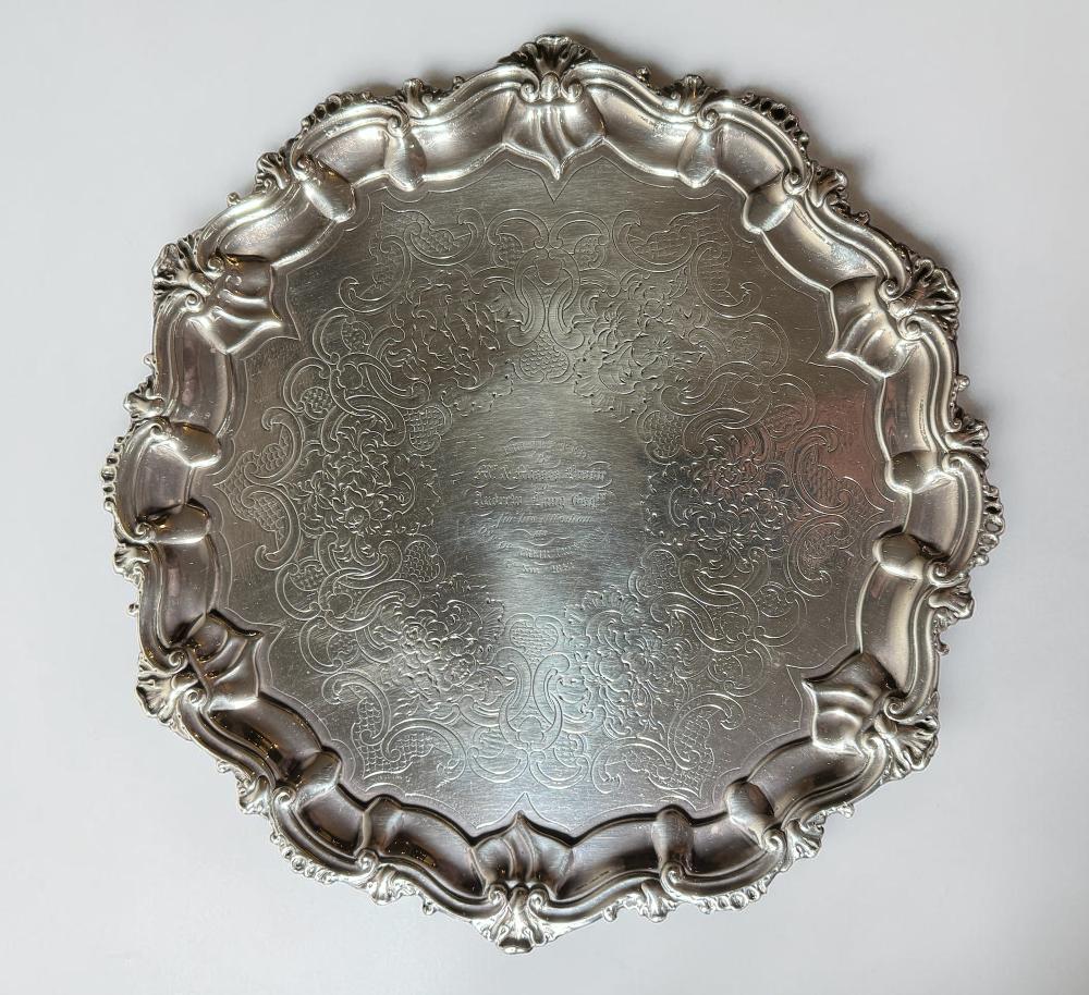 Large Scottish sterling silver salver with presentation inscription, Edinburgh 1842