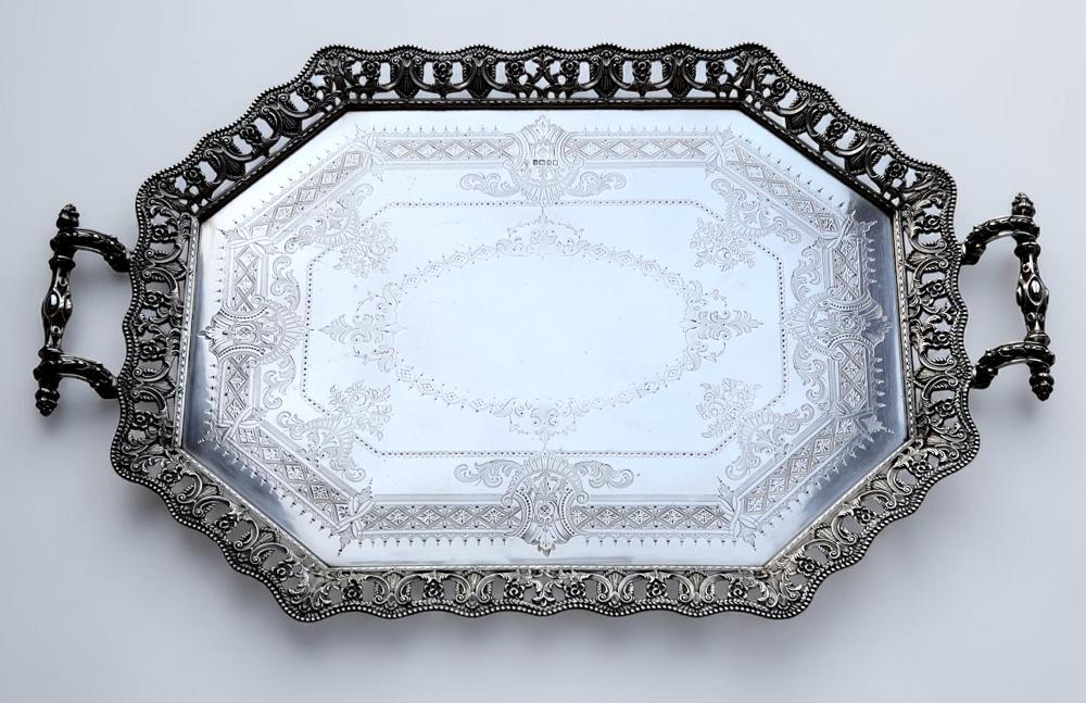 5kg- Spectacular Large Sterling Silver tray, Martin, Hall & Co., Sheffield, 1875