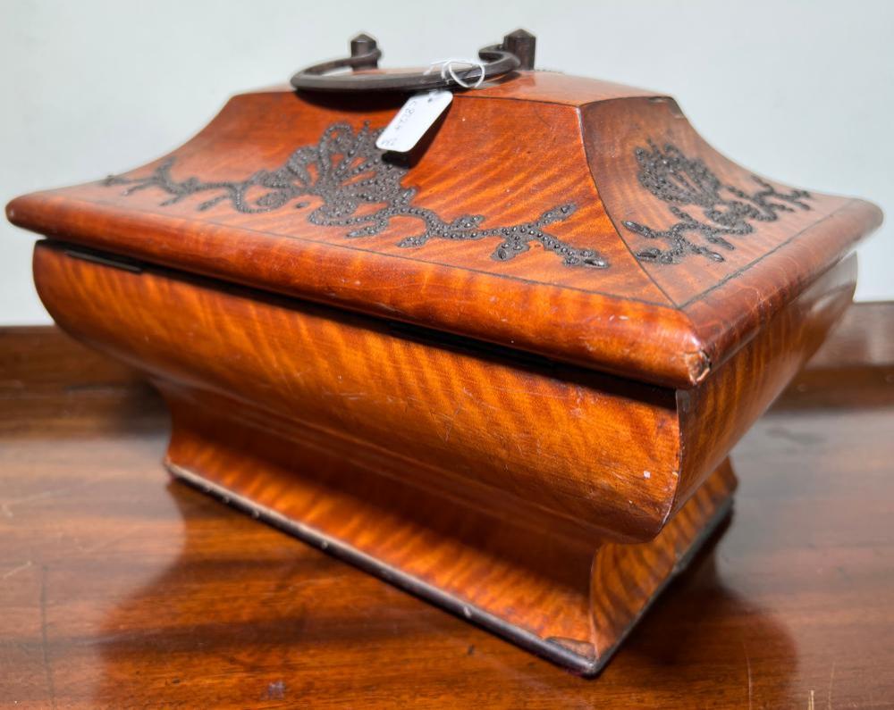 Early 20th century sarcophagus shaped ‘souvenir’ satinwood box with applied metal piquet decoration -