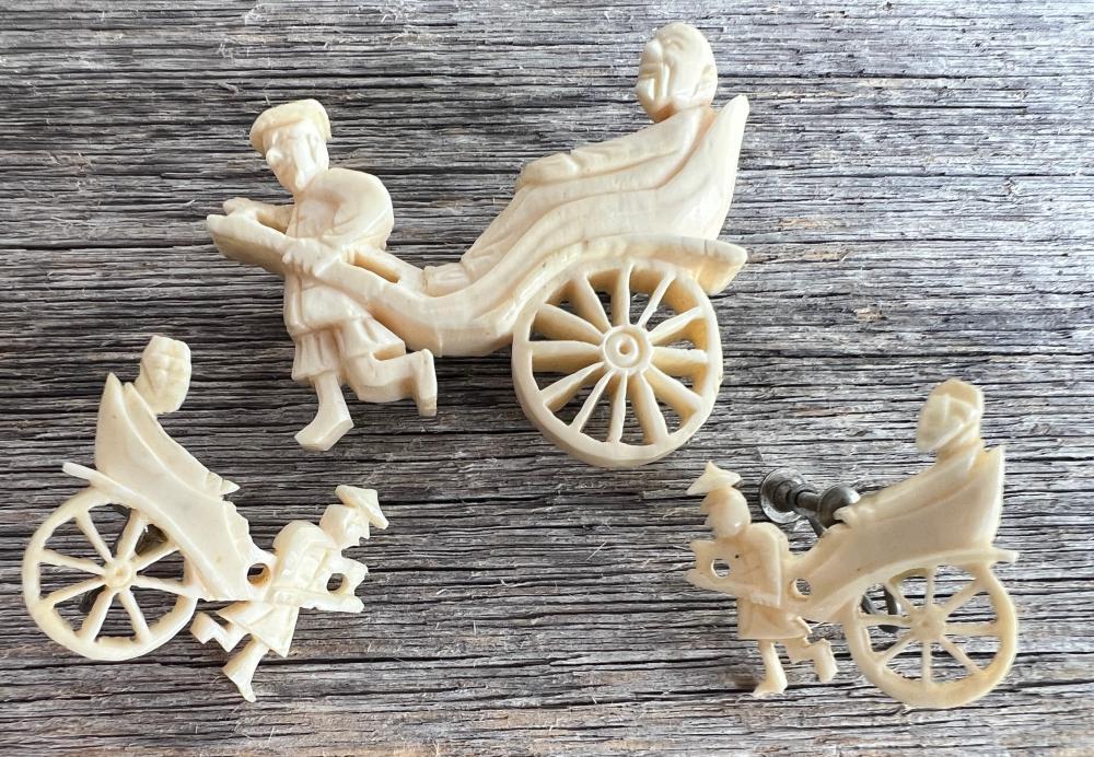 Japanese carved bone rickshaw brooch and earrings, c.1950–70