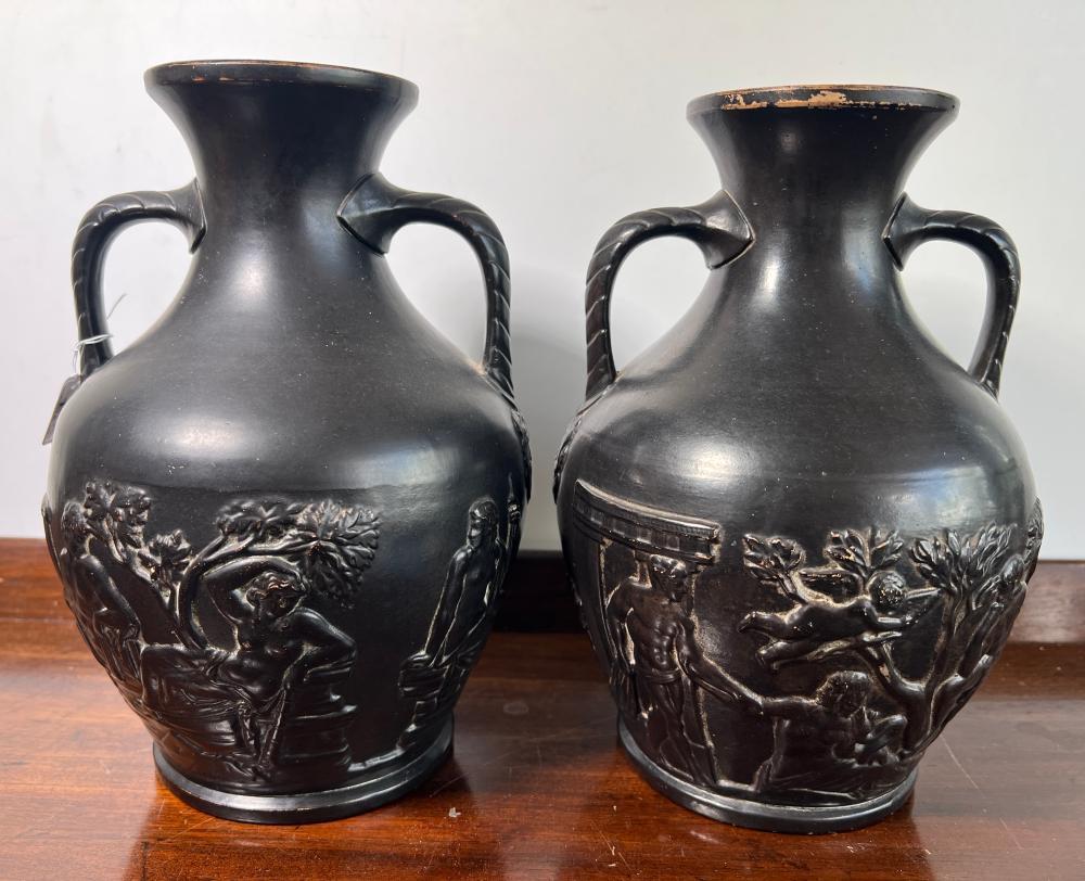 Pair of black-slipped terracotta twin-handled vases in the Portland Vase form, Bernard Bloch, Eichwald, Bohemia, circa 1880
