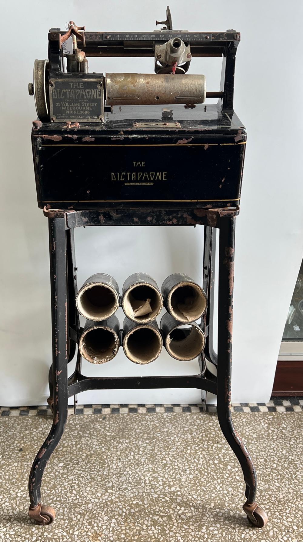 Columbia Dictaphone cylinder dictating machine on original black-japanned iron stand, with wax cylinders, c.1910s–1920s