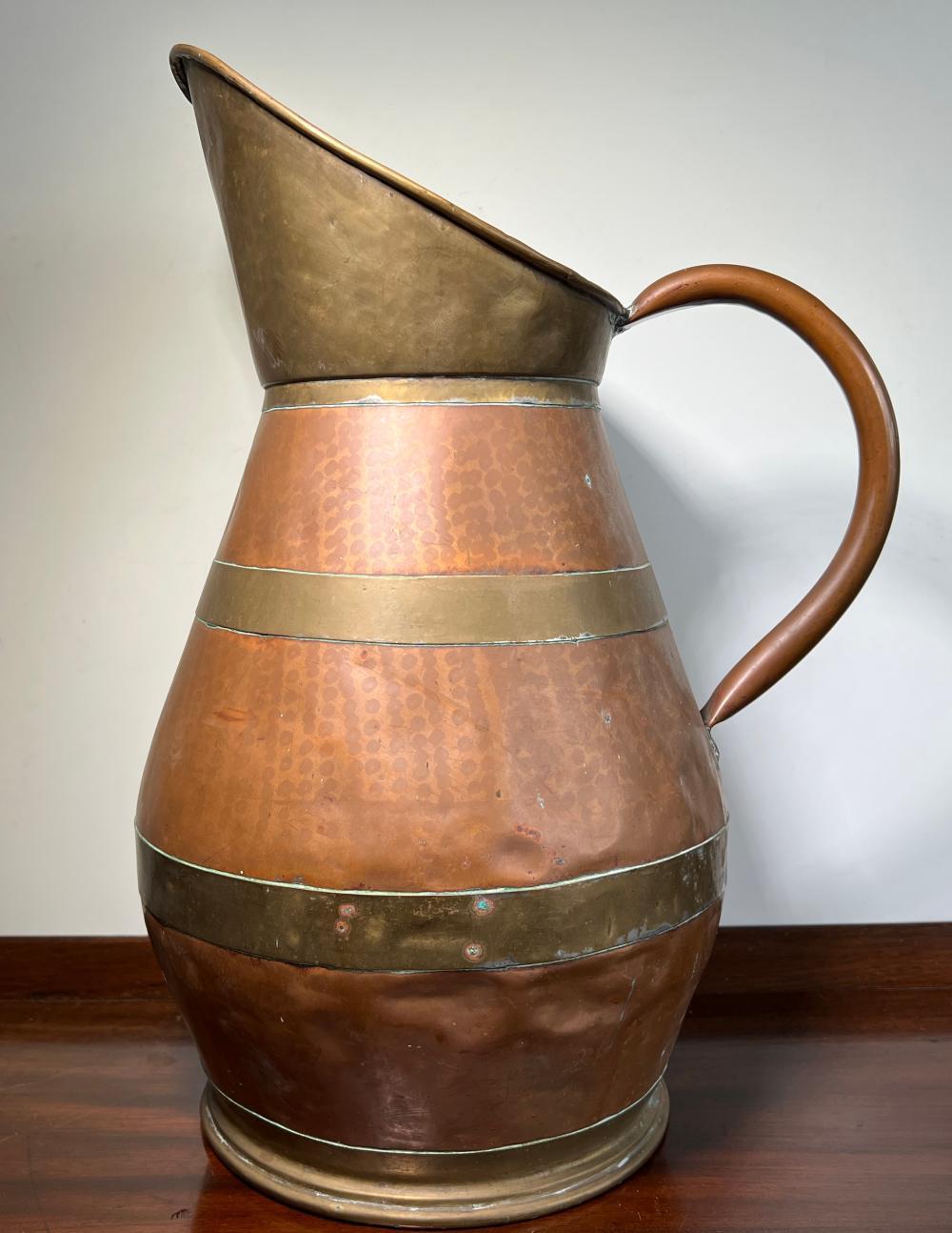 Large Belgian copper and brass pitcher, stamped 'Dinanderie Veritable', 19th century