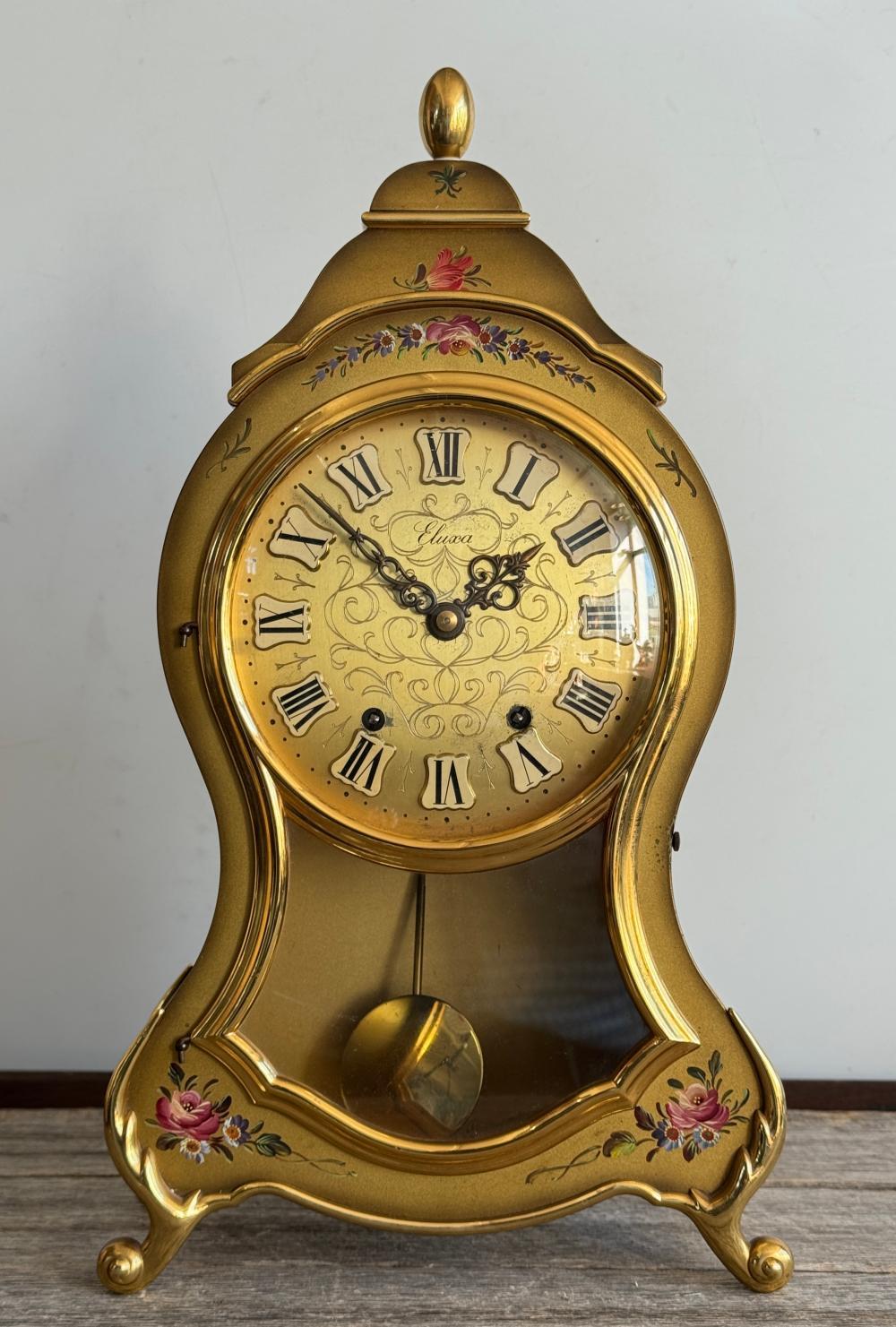 Wyerdon-Eluxa Swiss gilt-metal mantel clock with hand-painted floral decoration, c.1960