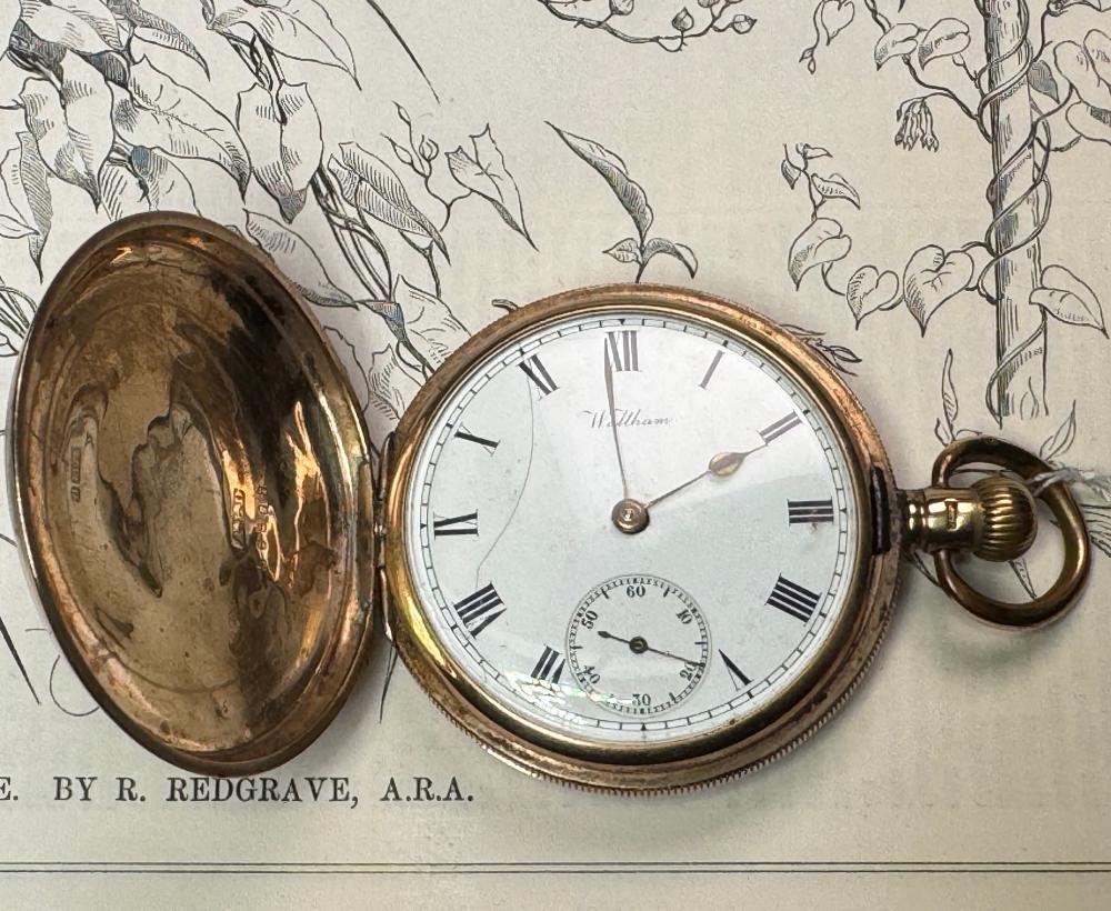 9ct gold full hunter pocket watch, Waltham for Dennison Watch Case Co., case marked 'A.L.D.' and engraved to inner lid 'A.D. McLauchlan', circa 1900