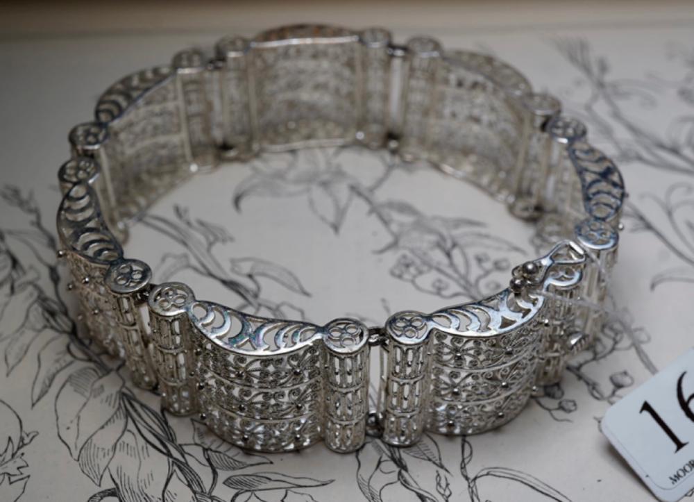Continental silver filigree panel bracelet, pierced scrolling foliate and colonnade decoration, 800 standard silver, circa 1920s-1940s