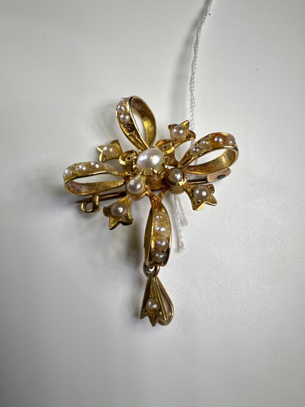 Colonial 15ct gold and seed pearl bow brooch/pendant, Willis and Sons, Melbourne, c.1890–1905