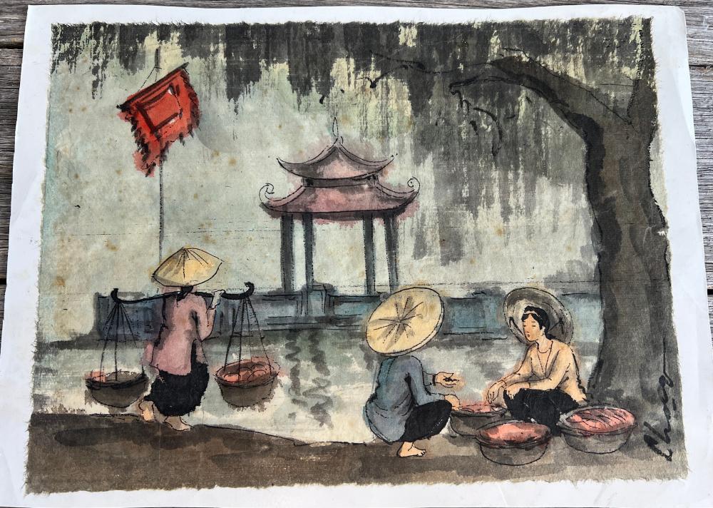 Vietnamese ink and watercolour on dó bark paper, market scene with figures before a pagoda, c. 1960s–1980s