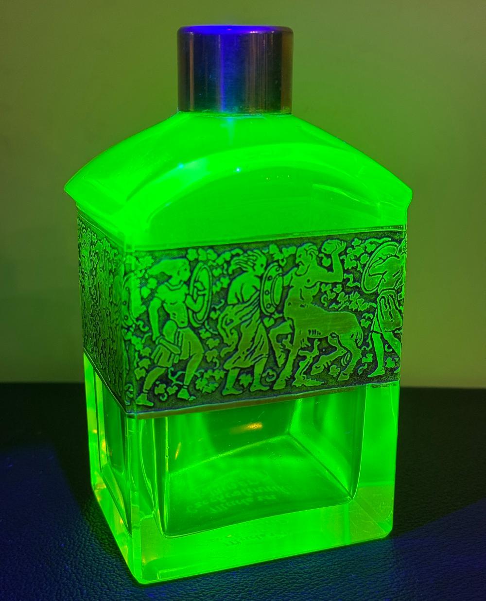 Moser uranium glass perfume bottle with Classical frieze decoration, Karlsbad, c.1925