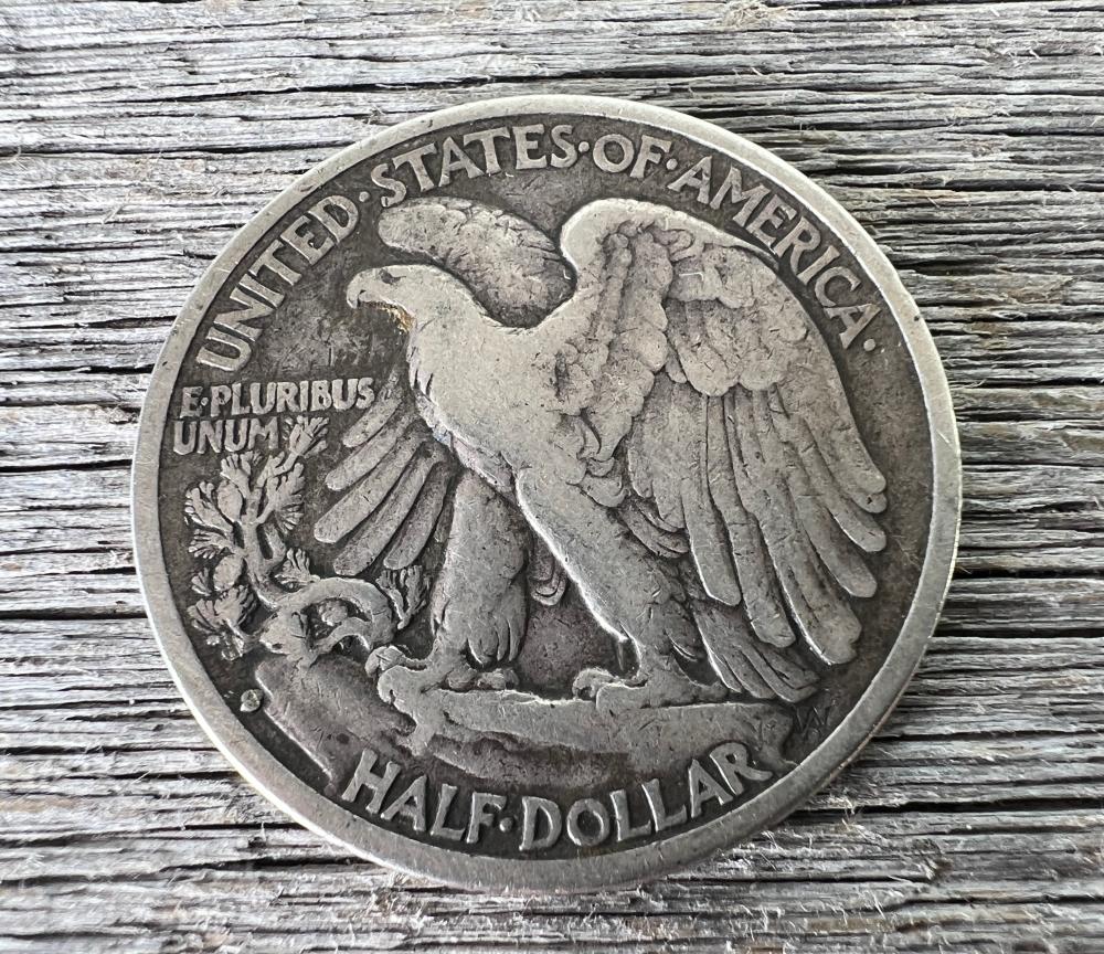 United States Walking Liberty silver half dollar, reverse with standing bald eagle, wings raised, 1934