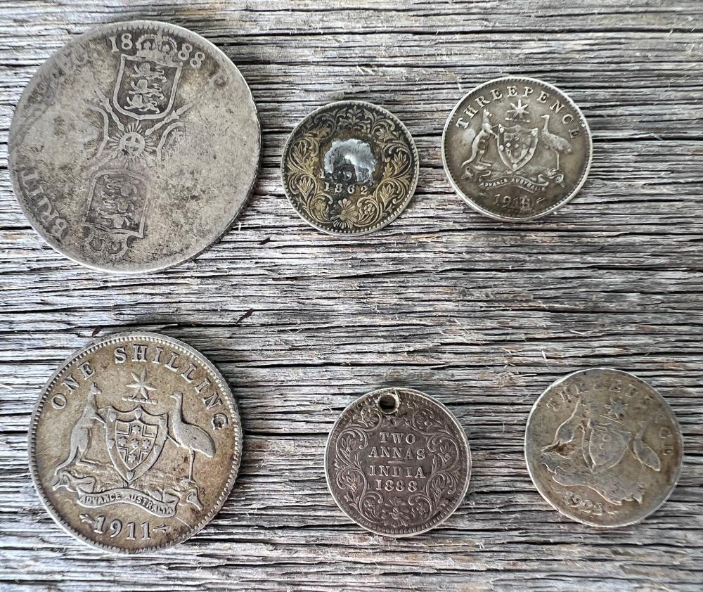 Group of six British Empire silver coins, 1862-1923