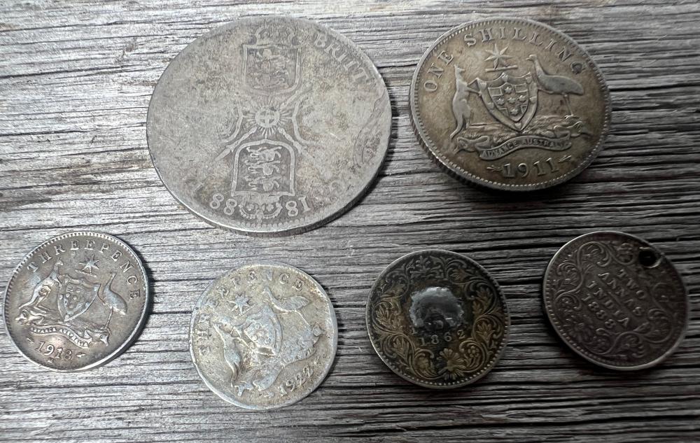 Group of six British, Australian and British India silver coins, Victorian era to 1922