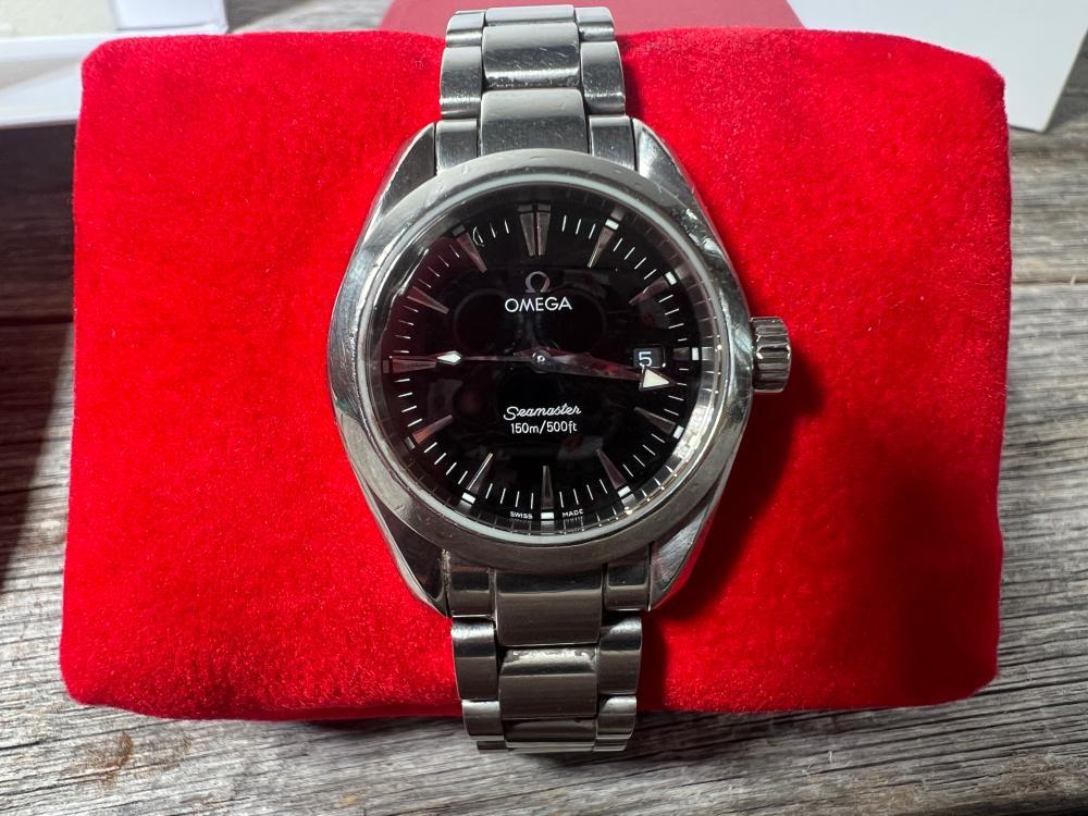Omega Seamaster Aqua Terra 150m lady's stainless steel quartz wristwatch, black dial, with original box, papers and operating instructions, c. 2005