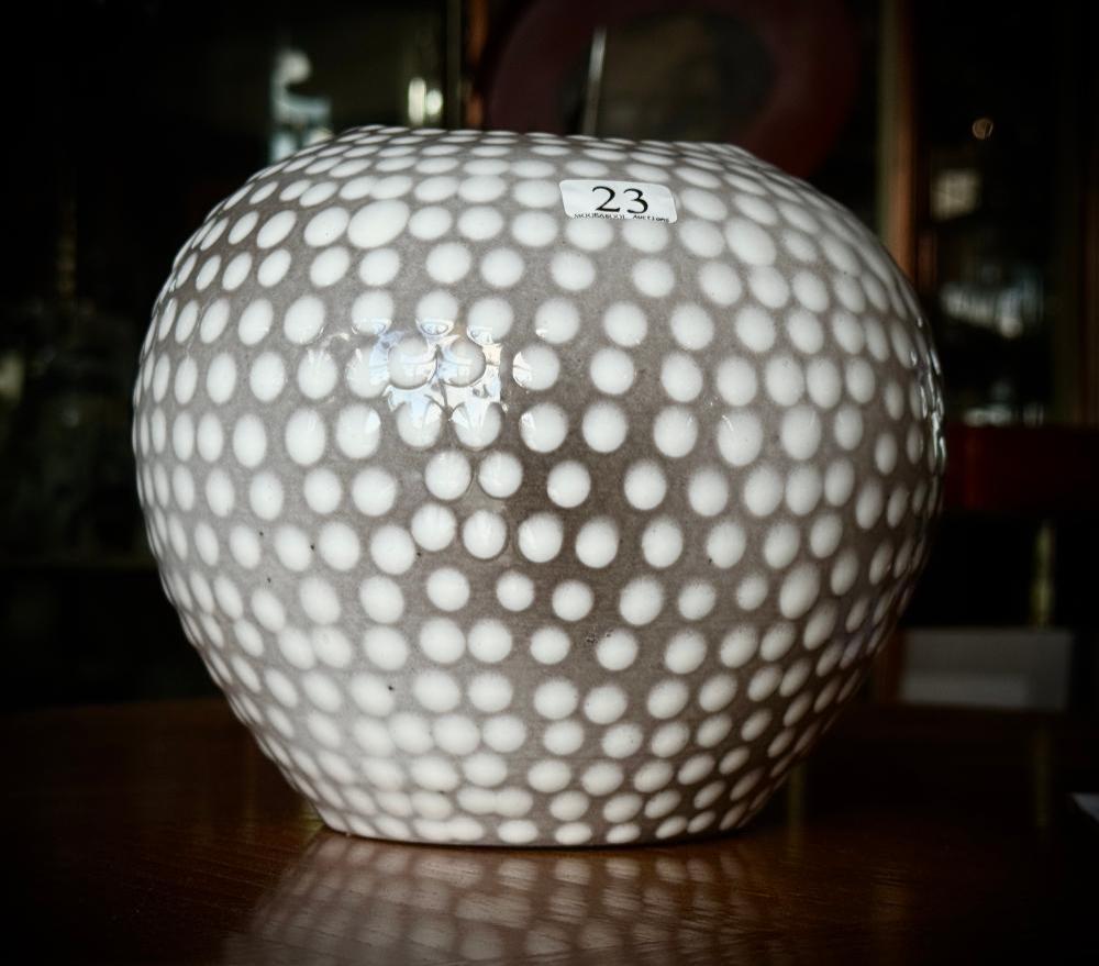 Swedish earthenware vase, "Västkust" (West Coast) series, grey ground with white pearl-dot relief glaze, designed by Ingrid Atterberg for Upsala-Ekeby, 1950–56