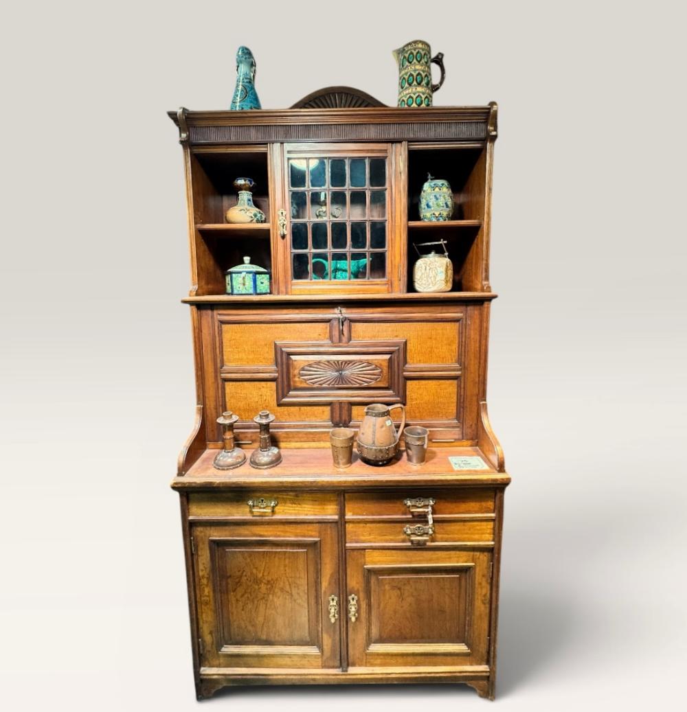 Arts and Crafts English walnut bureau bookcase bureau , late 19th century