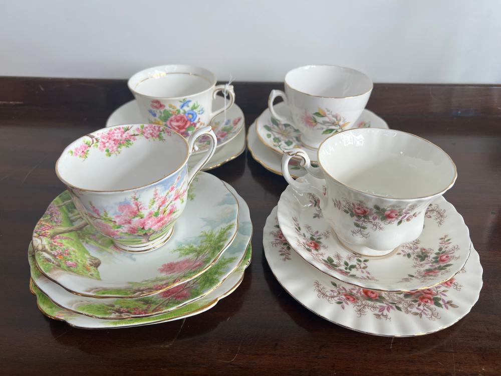 Four English bone china teacups and saucers, Royal Albert and Royal Vale, 20th century
