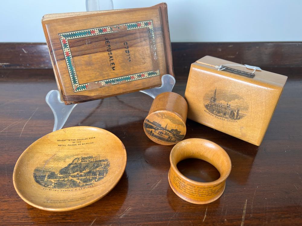 Collection of five Mauchline ware and souvenir woodware pieces, English and Holy Land, circa 1880-1900
