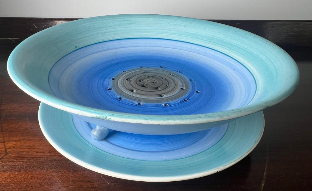 Shelley pottery strainer bowl and stand, turquoise and blue brushed glaze, c. 1930s