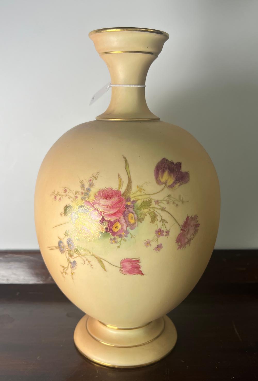 Royal Worcester blush ivory porcelain vase, painted with roses, tulips and wildflowers, shape no. 1848, circa 1900