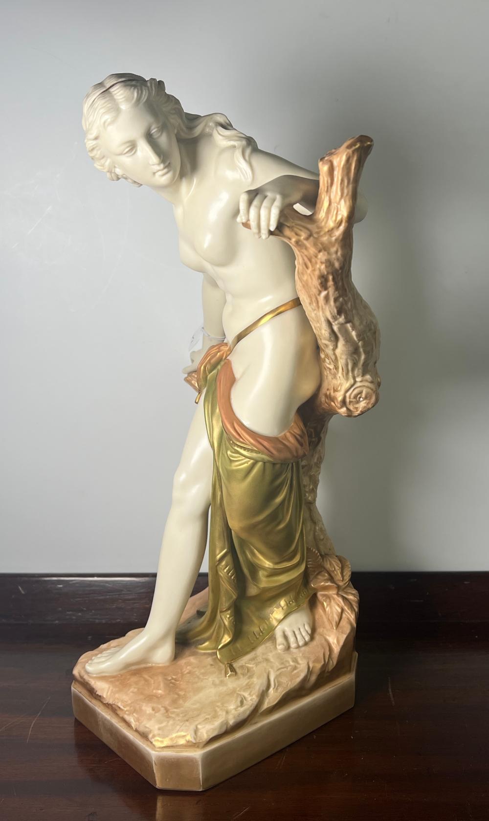 Royal Worcester blush ivory porcelain figure, 'Bather Surprised', model no. 486, 1912