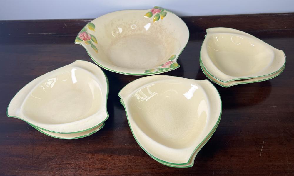 Royal Winton Grimwades English pottery Art Deco dessert set, cream ground with applied polychrome roses and green line borders, circa 1930s