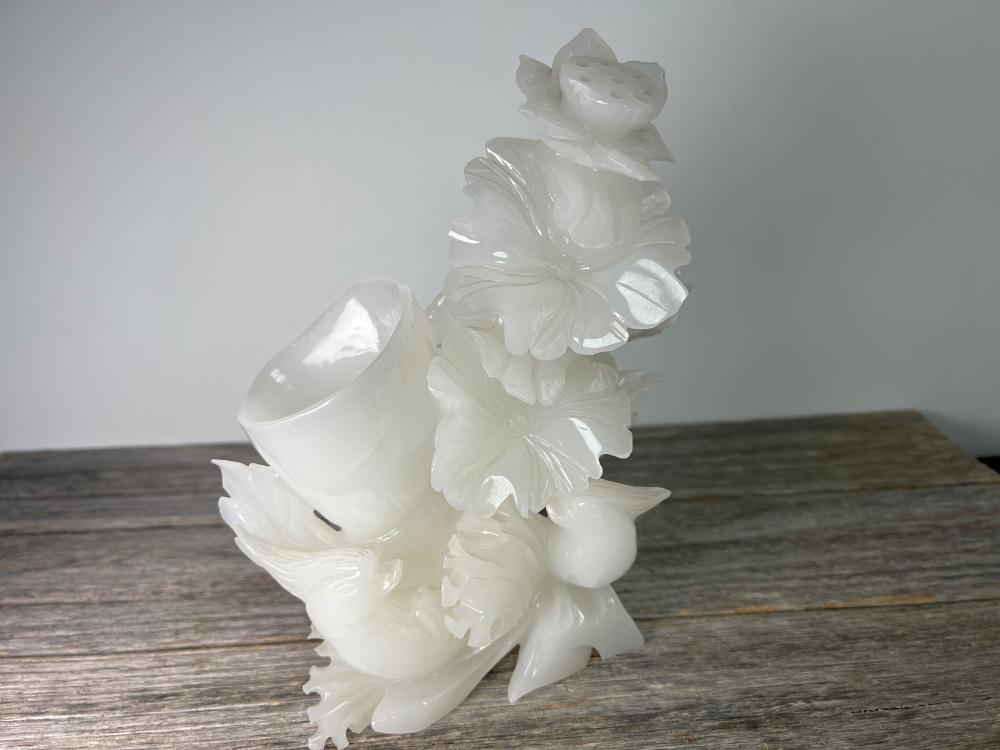 Chinese carved white jade group of lotus flowers and birds, mid-to-late 20th century