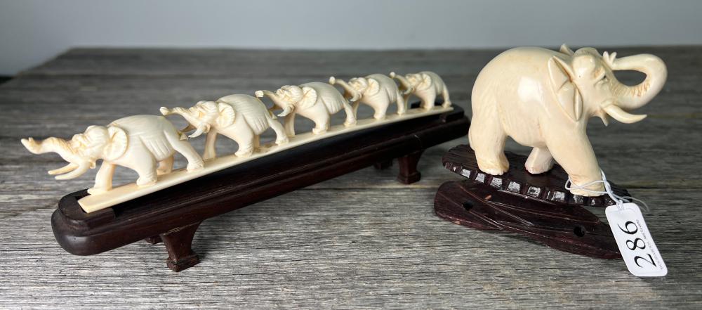Carved ivory tusk section carved with elephant procession, + 1 single, late 19th to early 20th century