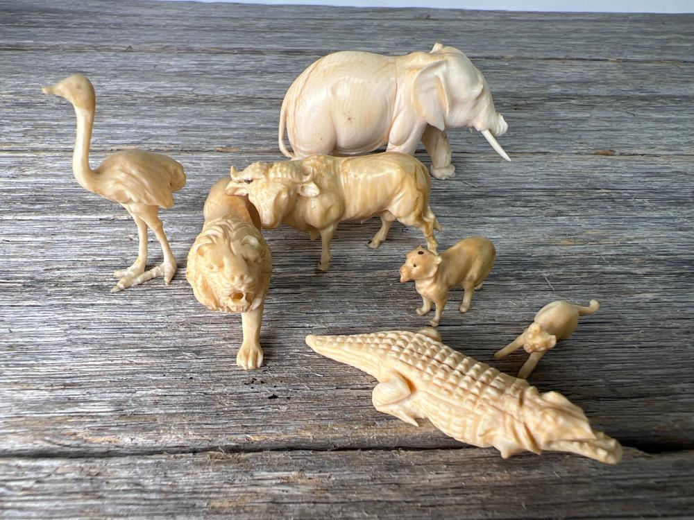 6 well carved ivory miniature animals, Croc, Cat, Ostrich etc. early 20th century