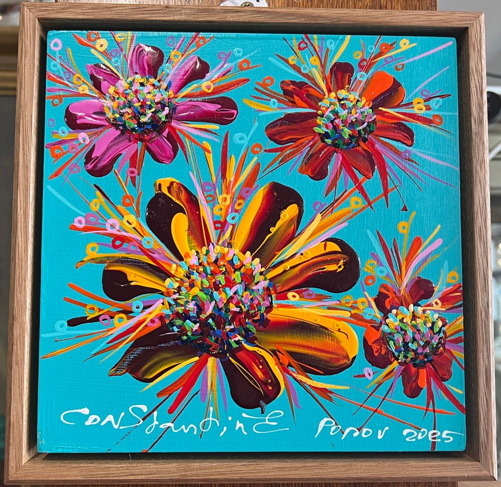 Constantine Popov, four bold stylised floral blooms on turquoise ground, acrylic on board, signed and dated 2025