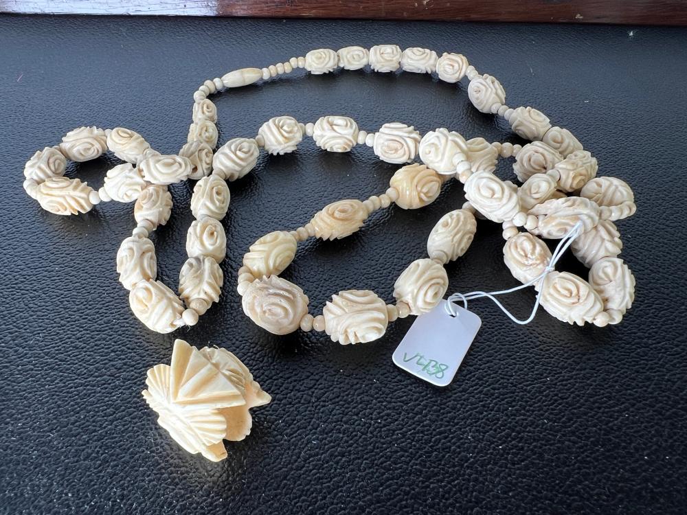 Carved  ivory bead necklace, rose-carved graduated beads with fan pendant, circa 1920s–1940s