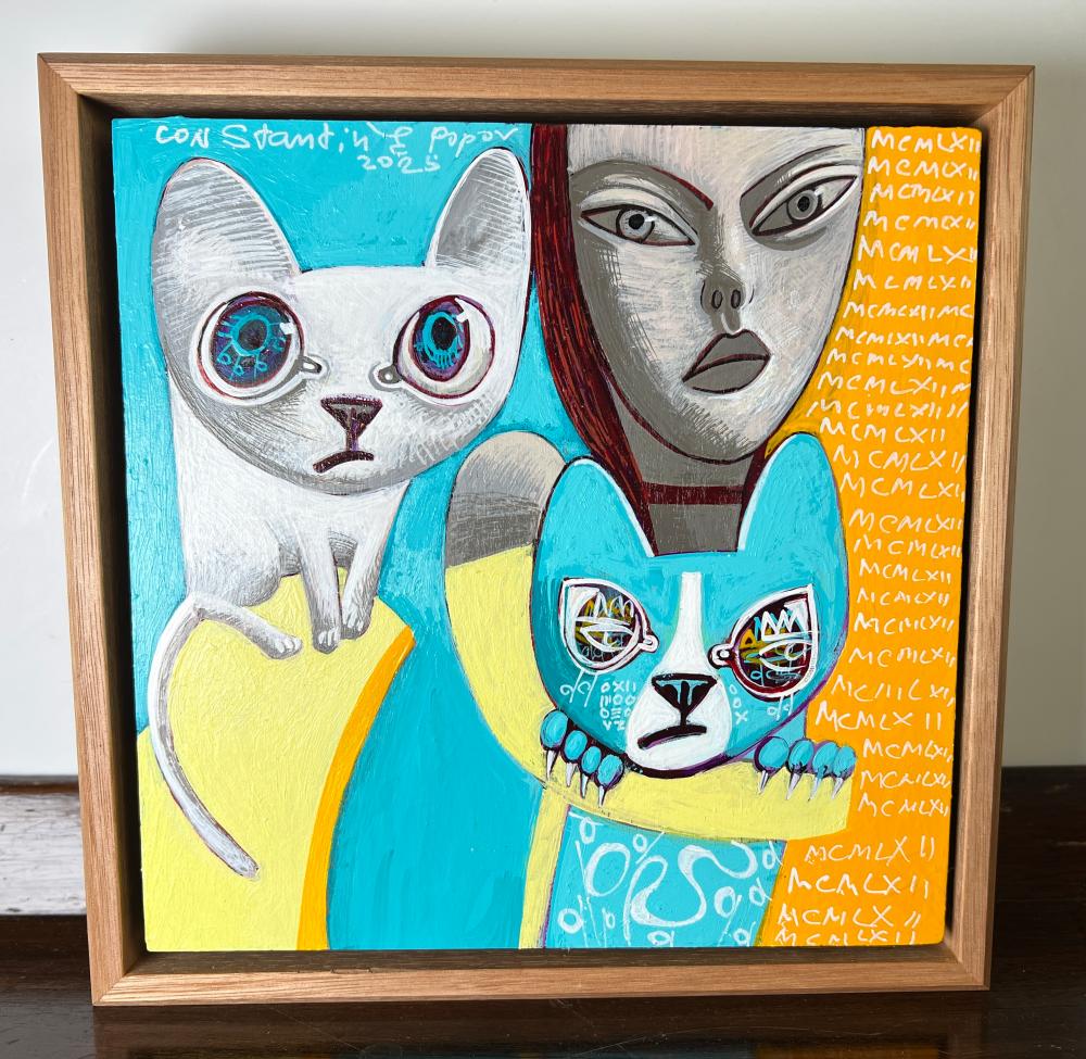 Constantine Popov, female figure with two cats, acrylic on board, signed and dated 2025
