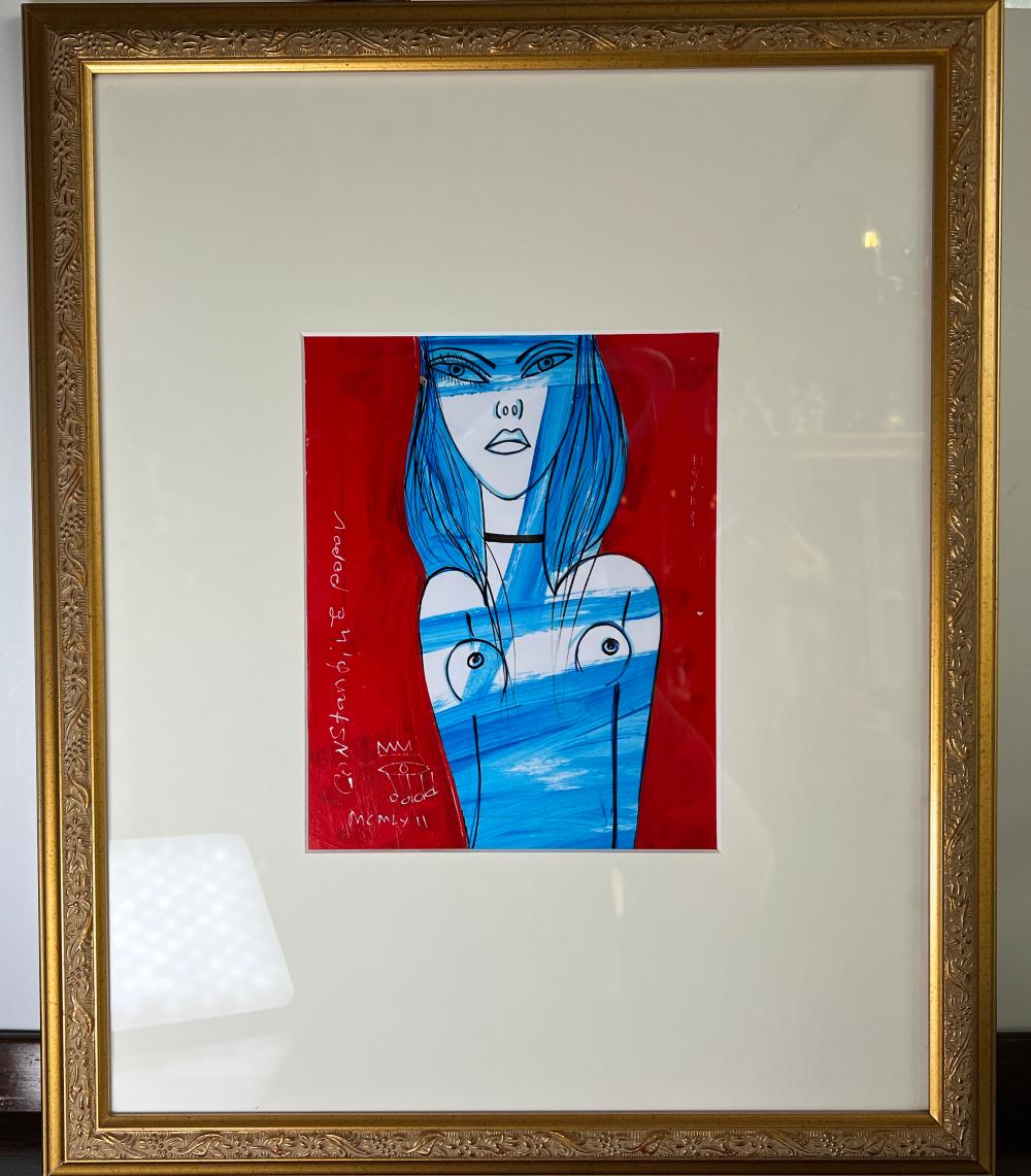 Constantine Popov, stylised female bust, blue on red ground, mixed media on paper, signed and dated MCMLII, 1952