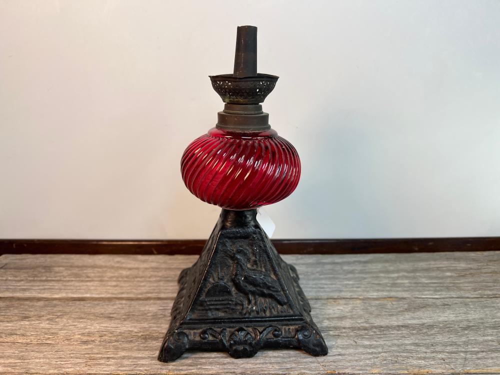 Victorian Cast Iron Table Lamp Base with Cranberry Glass Font, late 19th century