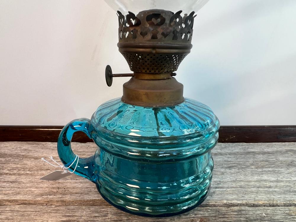 Pair of pressed-glass kerosene finger lamps, clear and blue, late 19th century