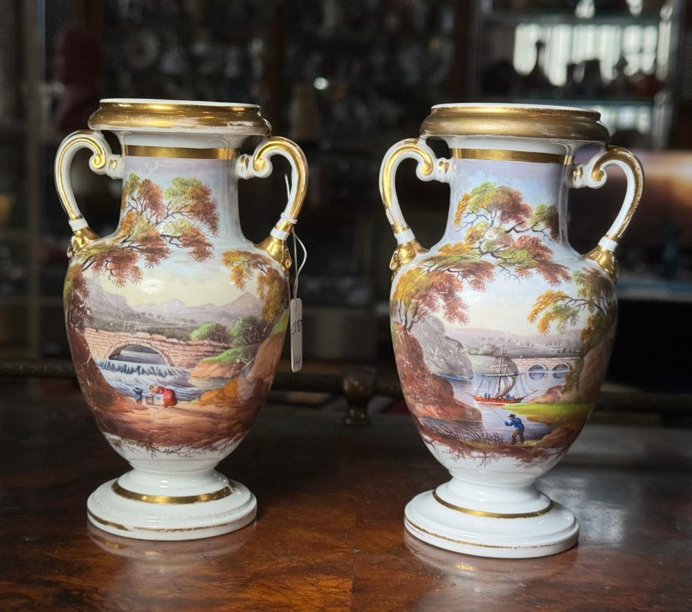 Pair of Ridgway porcelain baluster vases, hand-painted with river landscapes, circa 1825