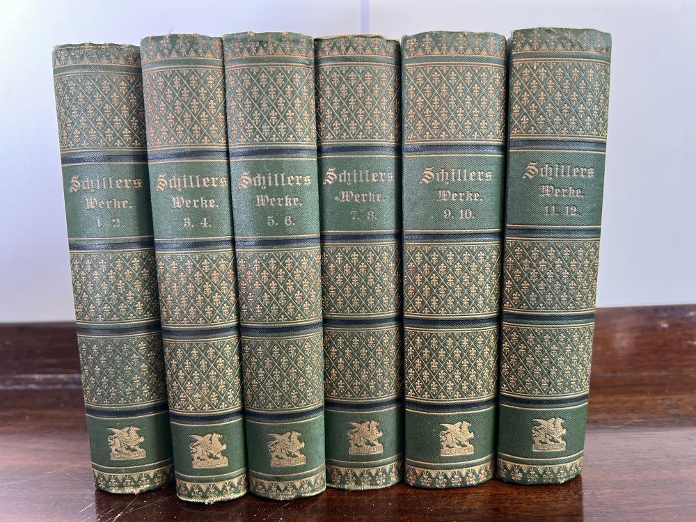 Schiller (Friedrich), Sämtliche Werke in zwölf Bänden, complete set of six double volumes, J.G. Cotta'sche Buchhandlung Nachfolger, Stuttgart, original decorative publisher's cloth blocked in gilt and blind, engraved portrait frontispiece, with Dutch gift inscription dated Schiedam, 1897