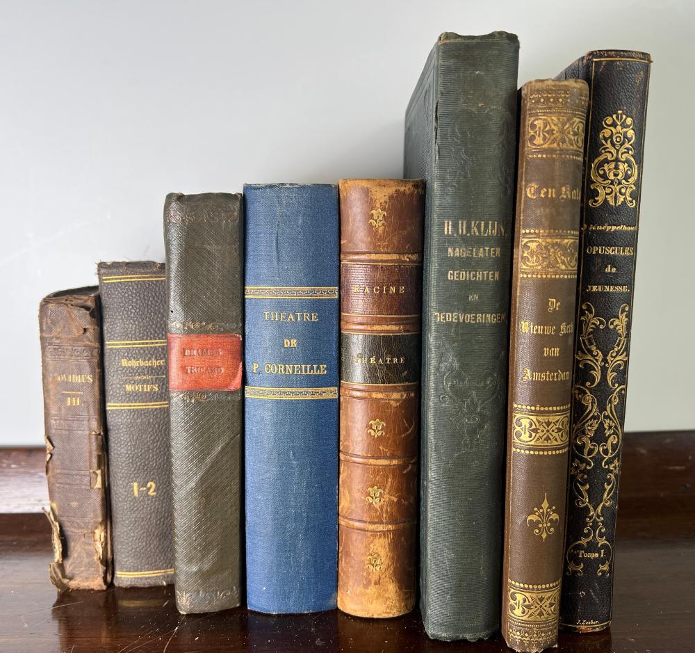 Group of eight antiquarian volumes in French, Latin, and Dutch, comprising works of classical and European literature, drama, and history, 19th century
